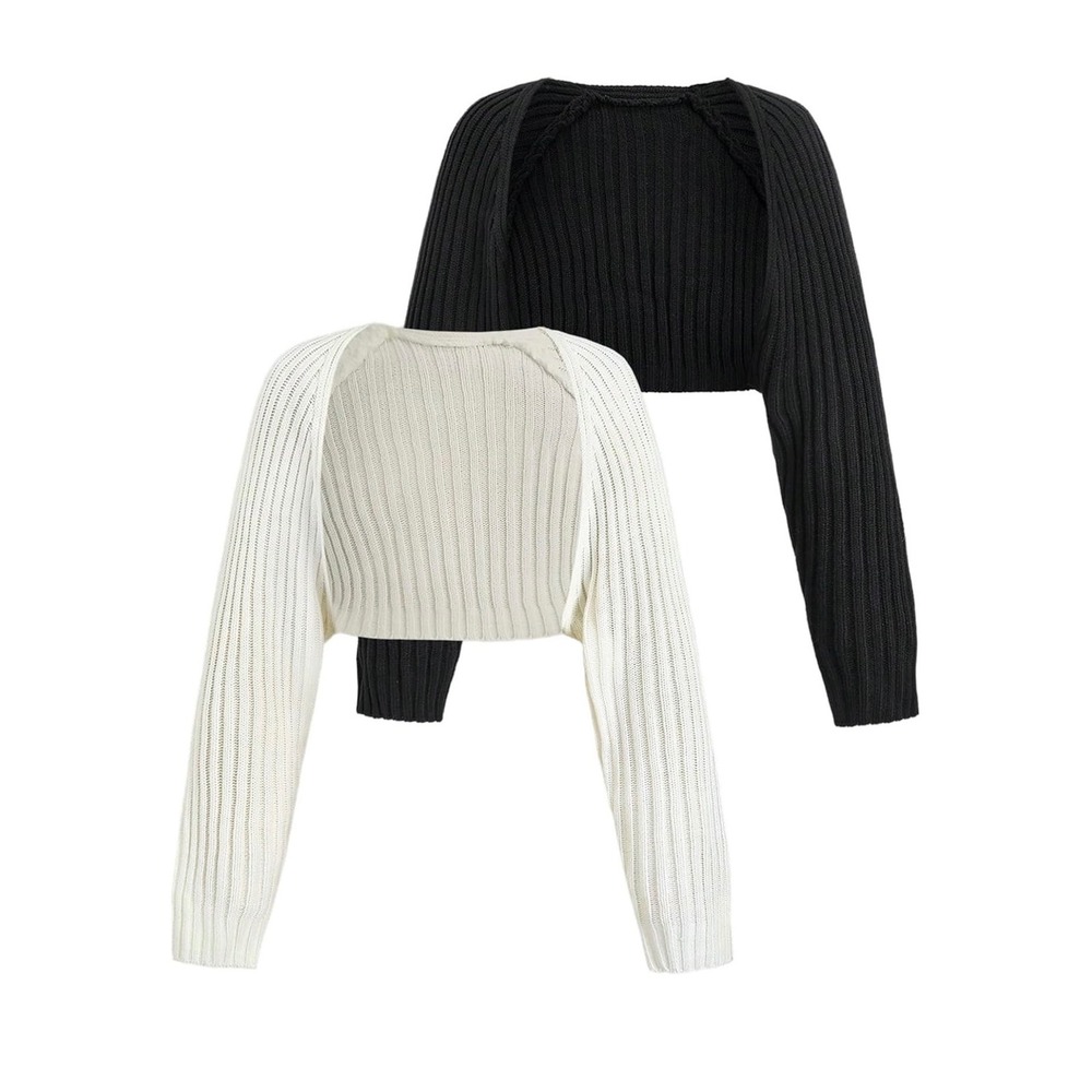 2 Pack Ribbed Knit Shrug Bolero Set Black and White Long Sleeve Cropped Sweaters